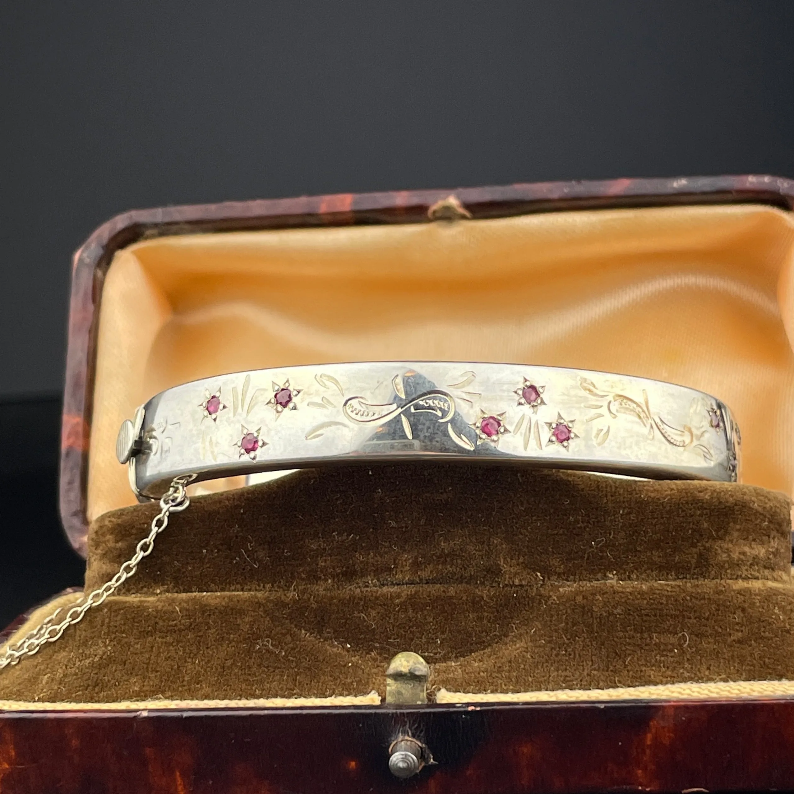 Vintage Silver Engraved Ruby Bangle Bracelet