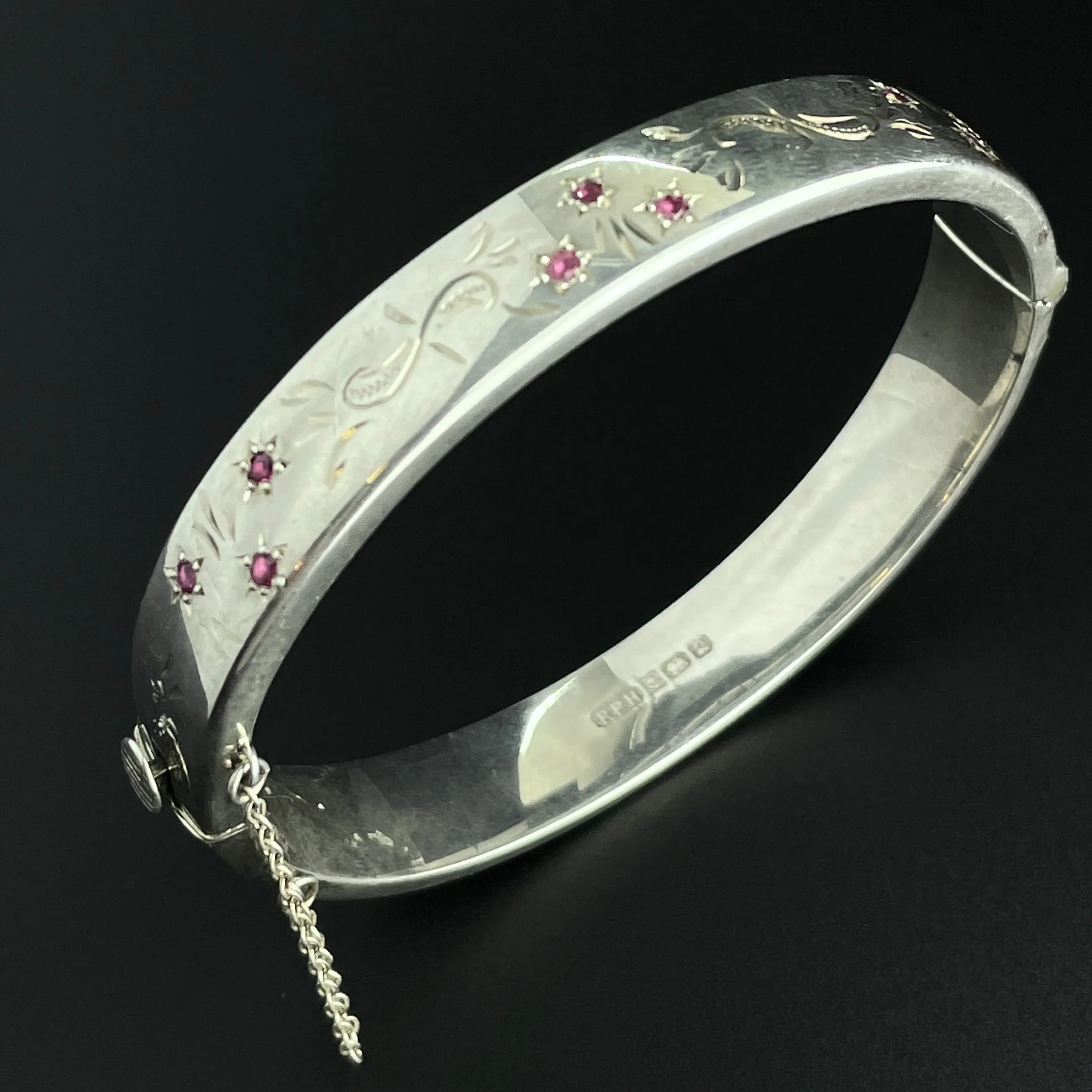 Vintage Silver Engraved Ruby Bangle Bracelet