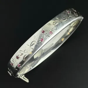 Vintage Silver Engraved Ruby Bangle Bracelet