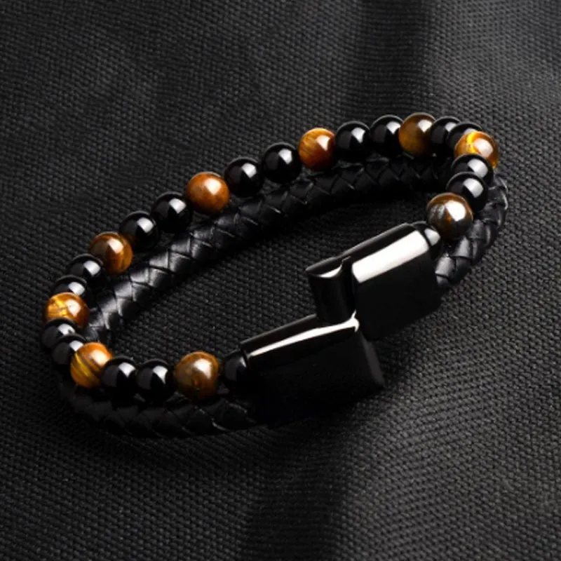Volcanic Natural Stone Agate Tiger Eye Bracelet Stainless Steel Beaded Leather Rope Men's and Women's Bracelet