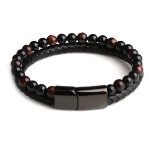 Volcanic Natural Stone Agate Tiger Eye Bracelet Stainless Steel Beaded Leather Rope Men's and Women's Bracelet
