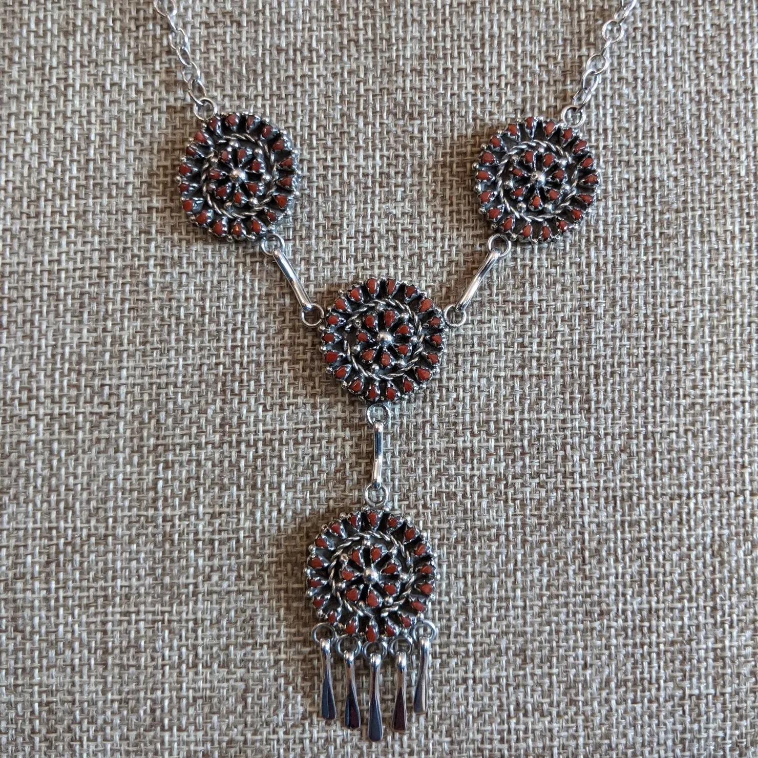 Zuni Red Coral Cluster Necklace & Earrings Set by Trudy Quetawki SWSG-JWS-0008